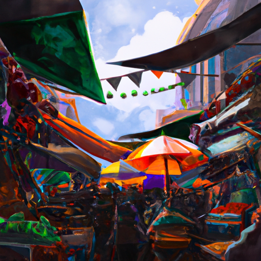 תצלום של שוק רחוב מקומי מלא בסוחרים שמוכרים סחורה צבעונית