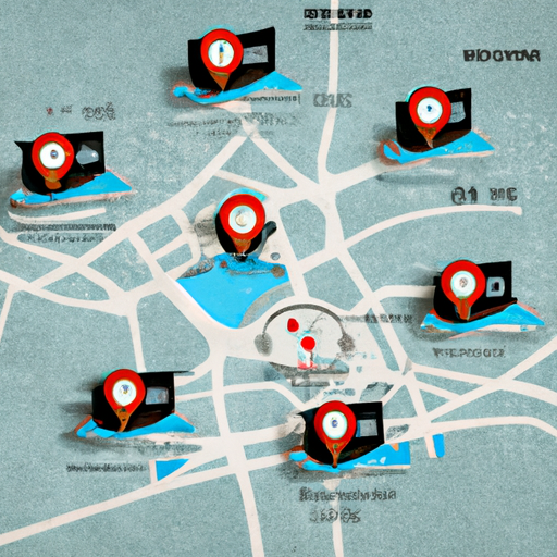 איור של מפה עם סיכות המציינות את מיקומם של בתי מלון שונים