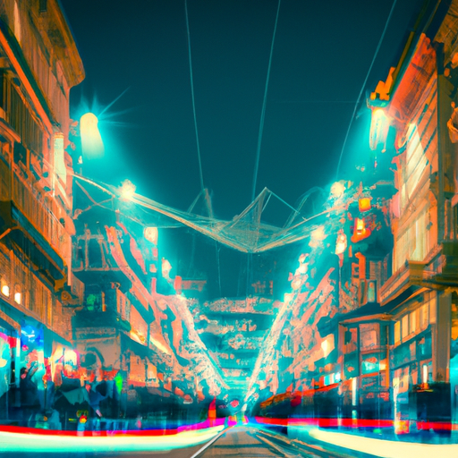 רחוב הומה במילאנו בלילה, מואר בפנסי רחוב צבעוניים ובמספר עצום של חנויות