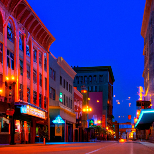 תמונה של הרחוב הראשי של סן פרנסיסקו בלילה, מראה את האורות הצבעוניים וחלונות הראווה.