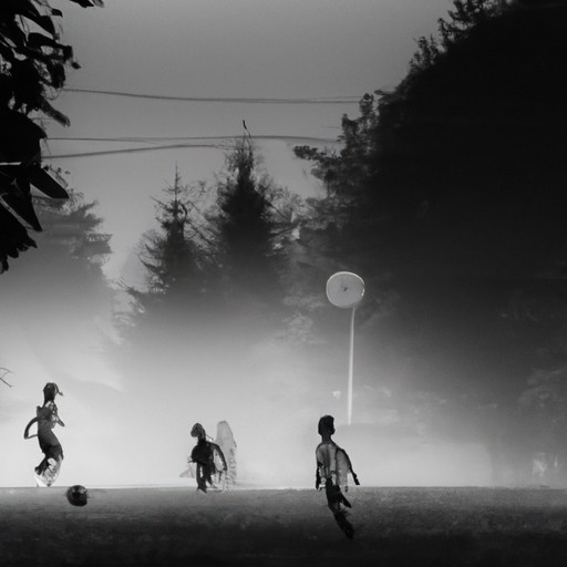 תמונה בשחור-לבן של קבוצת ילדים משחקים כדורגל בפארק