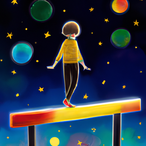איור של ילד עומד על קרן איזון, מוקף בכוכבים צבעוניים