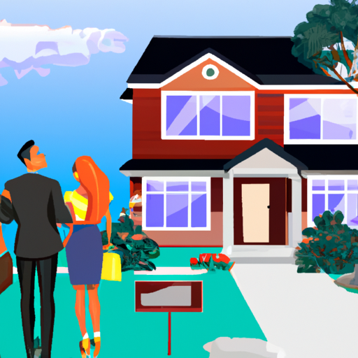 זוג צעיר מסתכל על בית עם סוכן נדל"ן, המסמל את תחילת דרכם לקראת בעלות על הבית.