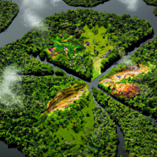 תמונת לוויין המתארת כריתת יערות באמזונס, הממחישה את ההשפעה האנושית על המגוון הביולוגי.